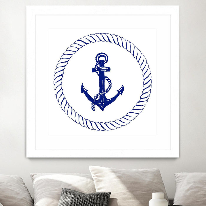 \"Blue Nautical Circle I\" Matted and Framed White 36x36 Wall Art