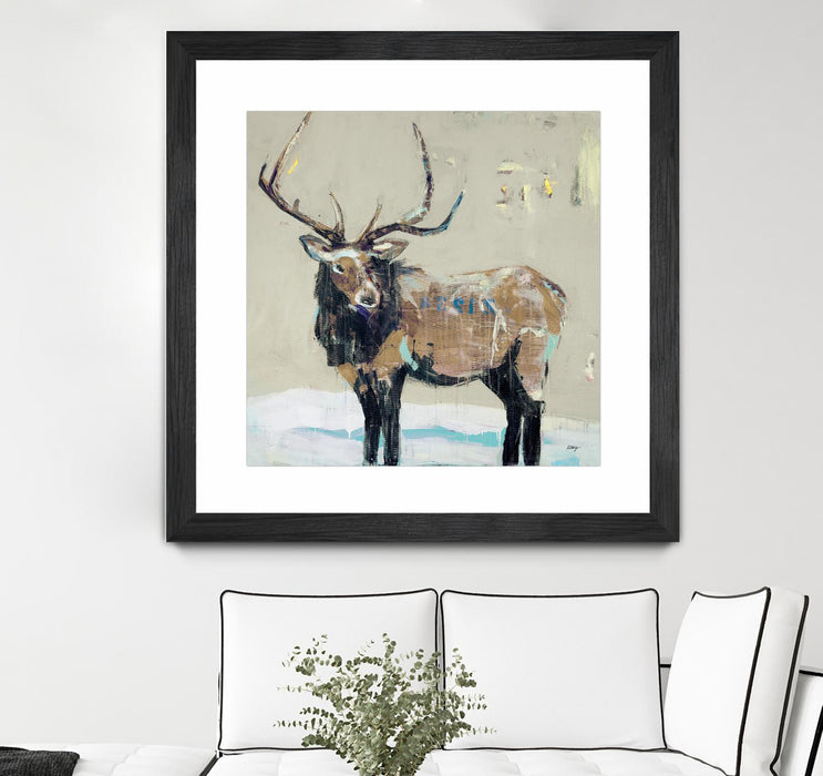 \"Winter Elk Neutral\" Matted and Framed Black 30x30 Wall Art