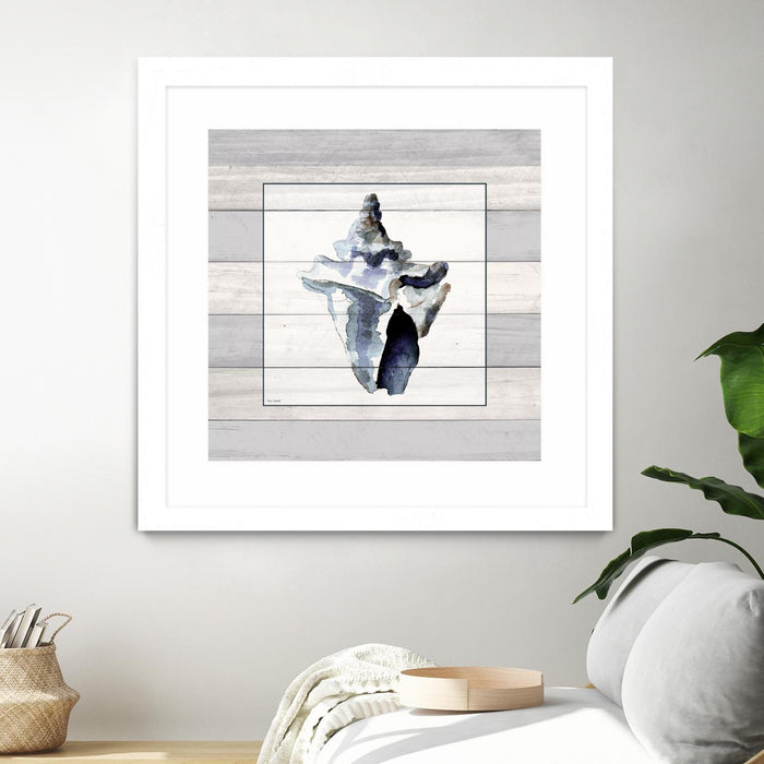 \"Muted Blue Sea Conch On Wood\" Matted and Framed White 30x30 Wall Art