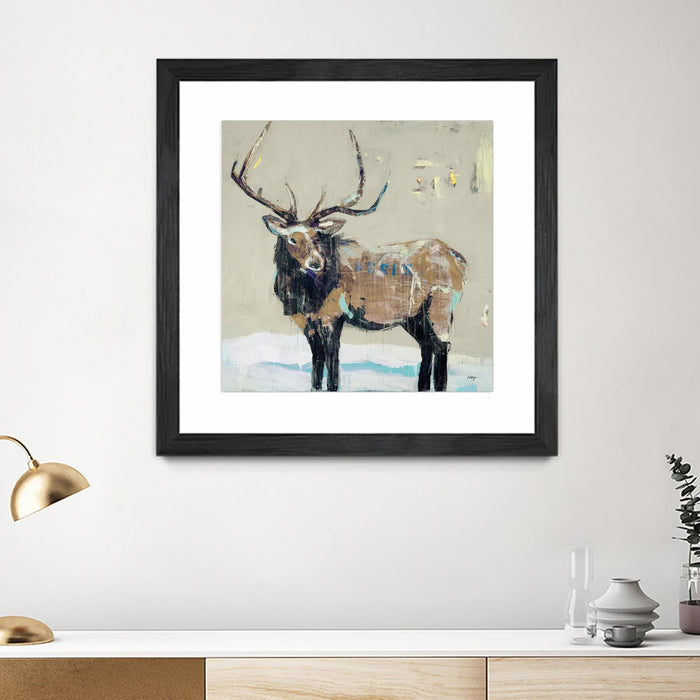 \"Winter Elk Neutral\" Matted and Framed Black 30x30 Wall Art
