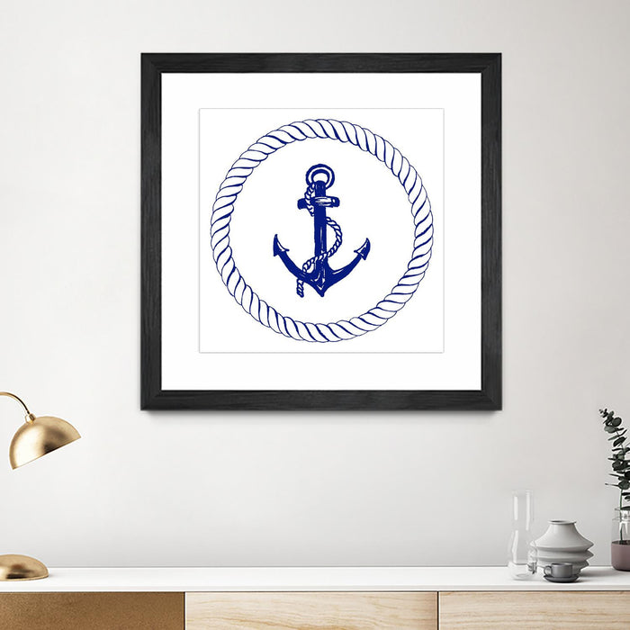 \"Blue Nautical Circle I\" Matted and Framed Black 30x30 Wall Art