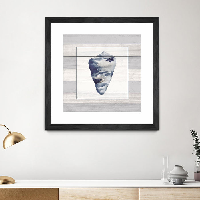 \"Muted Blue Shell On Wood\" Matted and Framed Black 36x36 Wall Art
