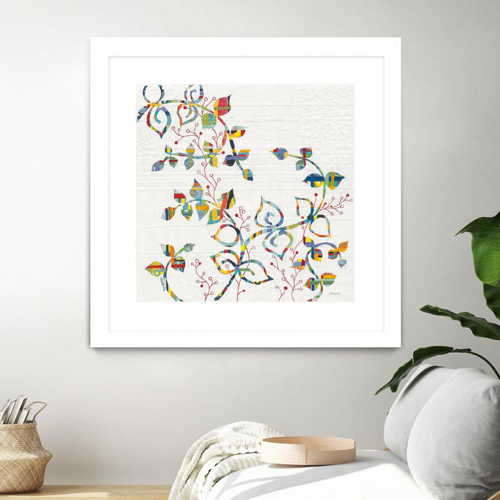 \"Rainbow Vines With Berries\" Matted and Framed White 36x36 Wall Art