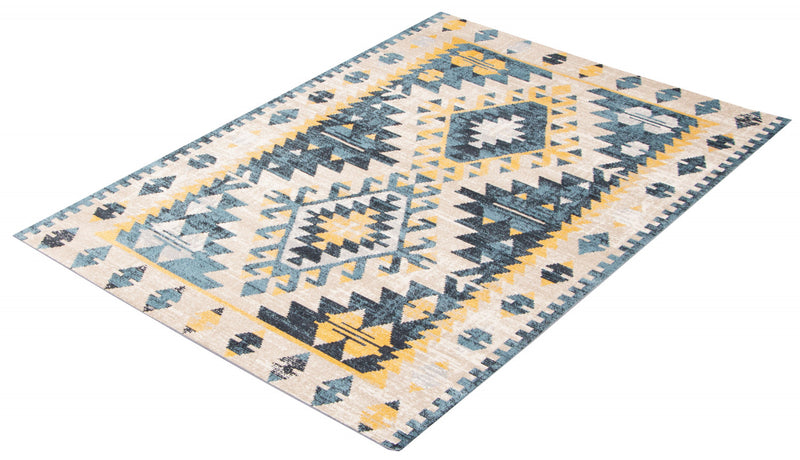 Mosaic Taupe/Blue Machine Washable Area Rug - 3'0\" x 5'0\"