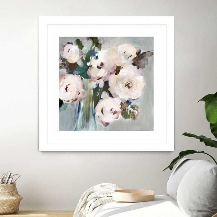 \"Pale Pink Bouquet I\" Matted and Framed White 36x36 Wall Art