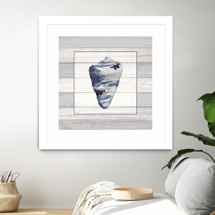 \"Muted Blue Shell On Wood\" Matted and Framed White 36x36 Wall Art