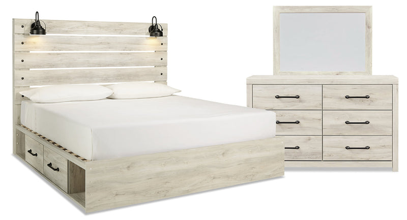 Abby 5pc Bedroom Set with Side Storage Bed, Dresser & Mirror, LED, USB, White - King Size