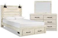 Abby 5pc Bedroom Set with Storage Bed, Dresser & Mirror, LED, USB, White - King Size 