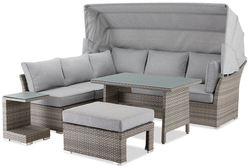 Bermuda 6-Piece Canopy Outdoor Patio Conversation Set - Hand-Woven Resin Wicker, UV & Weather Resistant - Grey