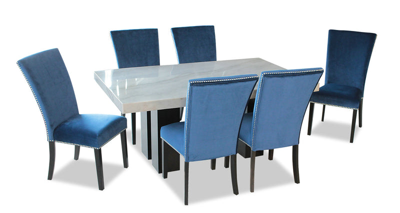 Cami 7pc Dining Set with Table & 6 Blue Chairs, Genuine Marble Top, 70\"W 