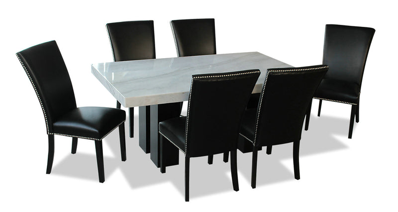 Cami 7pc Dining Set with Table & 6 Black Chairs, Genuine Marble Top, 70\"W 