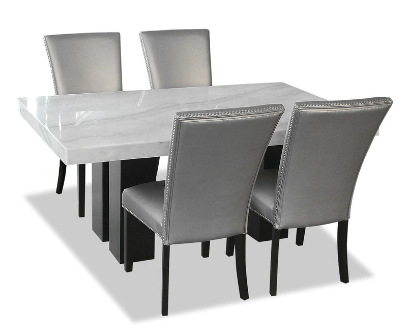 Cami 5pc Dining Set with Table & 4 Grey Chairs, Genuine Marble Top, 70\"W 