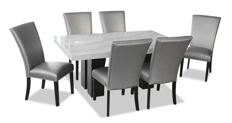 Cami 7pc Dining Set with Table & 6 Grey Chairs, Genuine Marble Top, 70\"W 