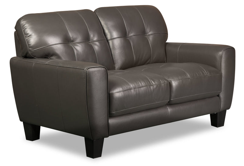 Curt 63\" Genuine Leather Loveseat with Button Tufting - Grey