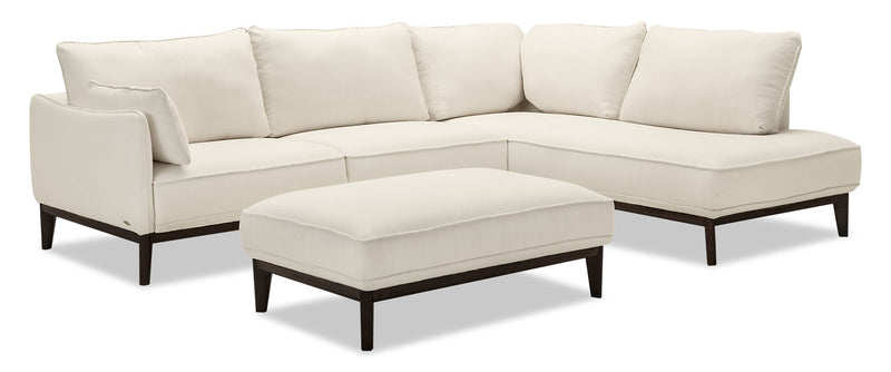 Cindy Crawford Home Gena 2-Piece Right-Facing Linen-Look Fabric Sectional with Wood Legs - Cotton White