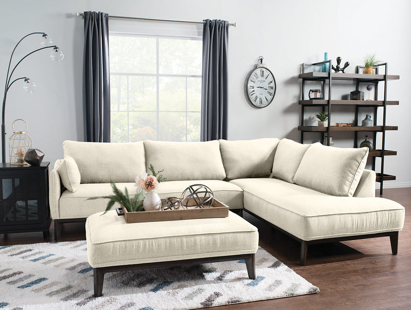 Cindy Crawford Home Gena 2-Piece Right-Facing Linen-Look Fabric Sectional with Wood Legs - Cotton White