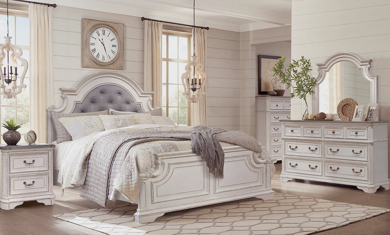 Grace 5pc Bedroom Set with Bed, Dresser & Mirror, Wooden, Fabric, Antique White - King Size