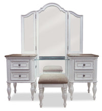Grace Bedroom Vanity Set with Stool, Mirror, Built-in Power Outlets & USB Ports - Antique White 