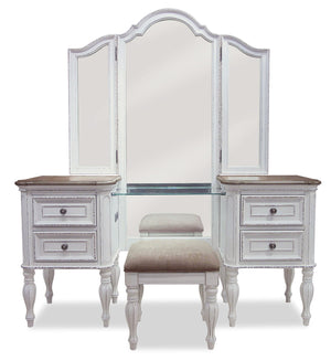 Grace Bedroom Vanity Set with Stool, Mirror, Built-in Power Outlets & USB Ports - Antique White