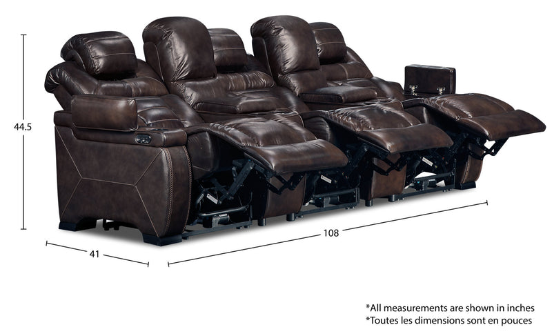 Hugo 5-Piece Genuine Leather Home Theatre Power Reclining Sectional with Storage Arms and Cupholders - Brown