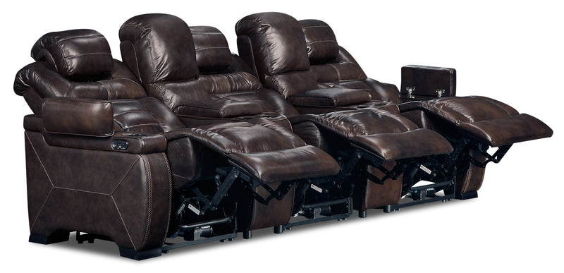 Hugo 5-Piece Genuine Leather Home Theatre Power Reclining Sectional with Storage Arms and Cupholders - Brown