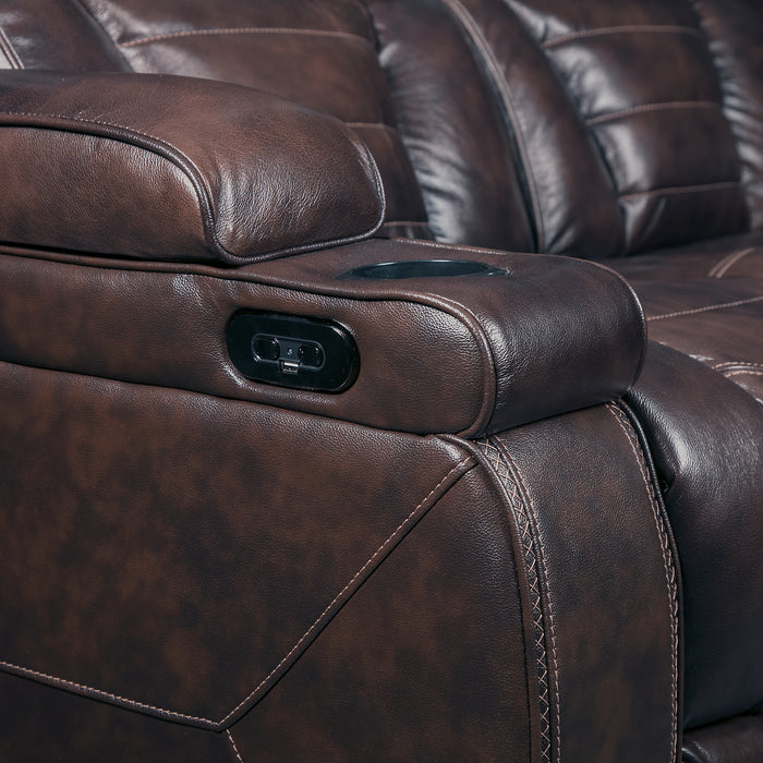 Hugo 5-Piece Genuine Leather Home Theatre Power Reclining Sectional with Storage Arms and Cupholders - Brown