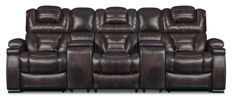 Hugo 5-Piece Genuine Leather Home Theatre Power Reclining Sectional with Storage Arms and Cupholders - Brown