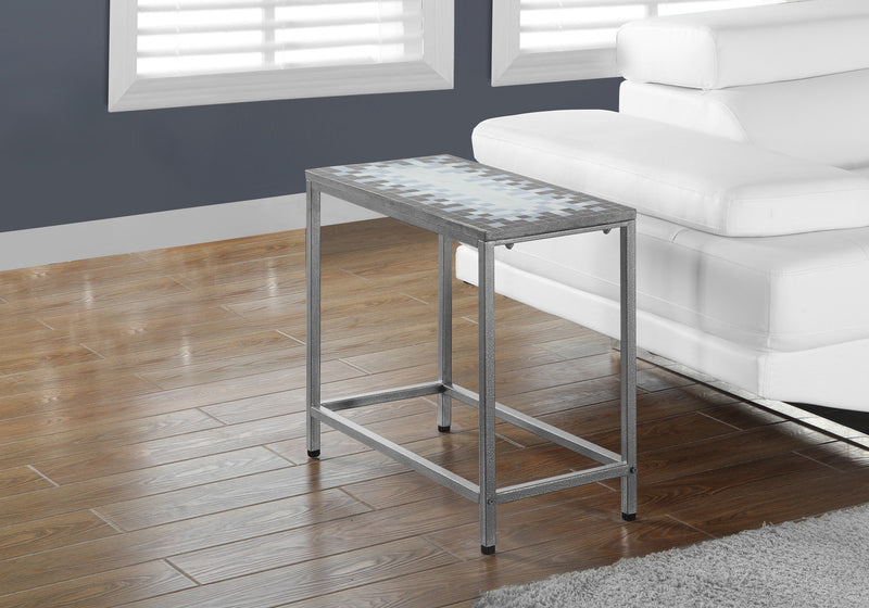 Grey Blue Tile Top Hammered Silver Accent Table