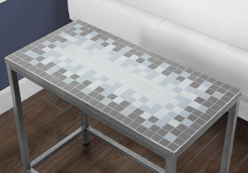 Grey Blue Tile Top Hammered Silver Accent Table