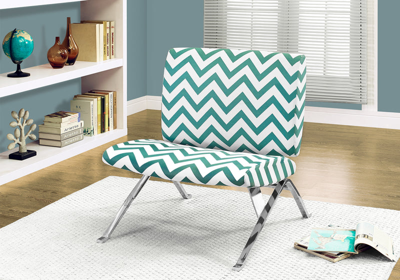 Teal Chevron Fabric and Chrome Metal Accent Chair