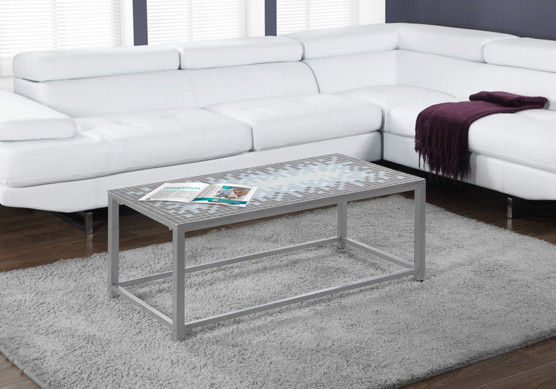 Grey Blue Tile Top Hammered Silver Coffee Table