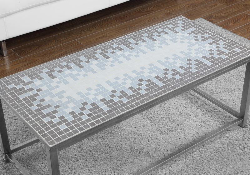 Grey Blue Tile Top Hammered Silver Coffee Table