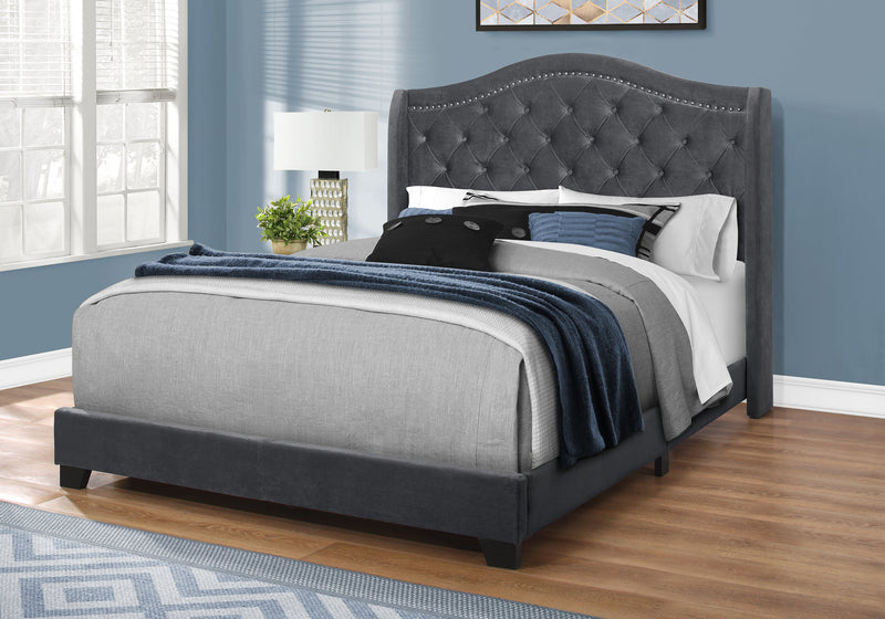 Queen Size Dark Grey Velvet with Chrome Trim Bed