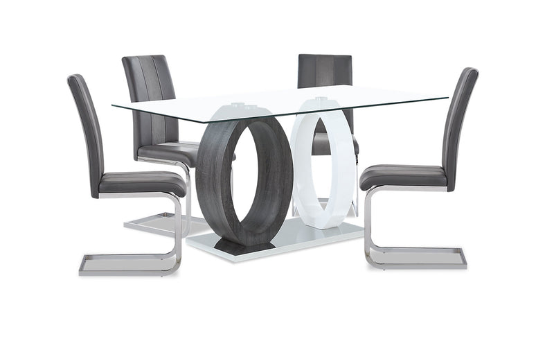 Jaye 5pc Dining Set with Table & 4 Chairs, Glass Top, Pedestal Base, 63\"W - Grey & White