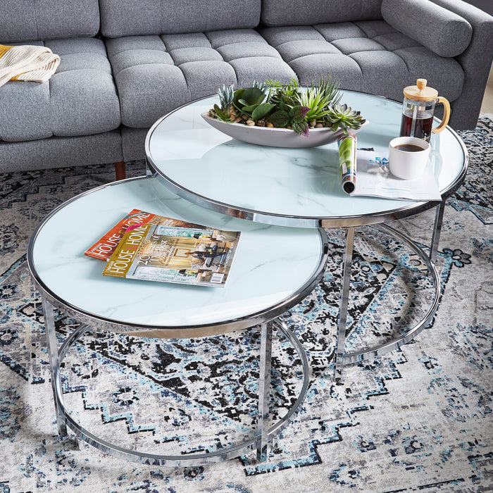 Josie 36\" Glam Round Glass Top Nesting Coffee Tables - Grey Marble Look with Metal Legs