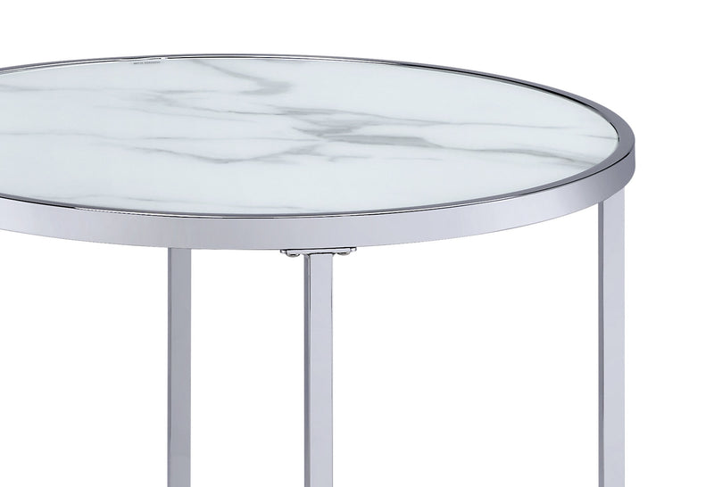 Josie 24\" Glam Round Glass Top End Table with Casters - Grey Marble Look with Metal Legs