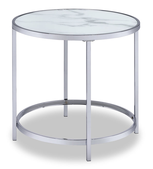 Josie 24\" Glam Round Glass Top End Table with Casters - Grey Marble Look with Metal Legs