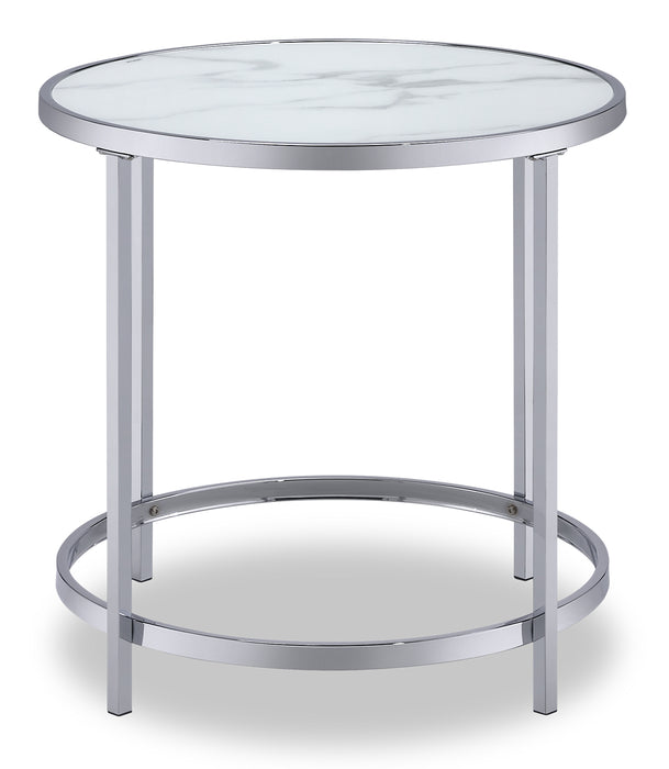 Josie 24\" Glam Round Glass Top End Table with Casters - Grey Marble Look with Metal Legs
