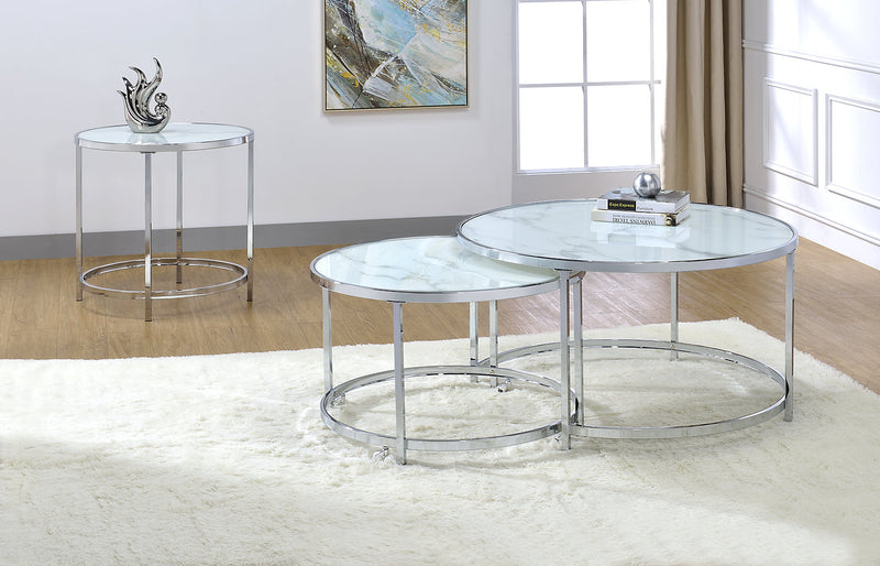 Josie 24\" Glam Round Glass Top End Table with Casters - Grey Marble Look with Metal Legs