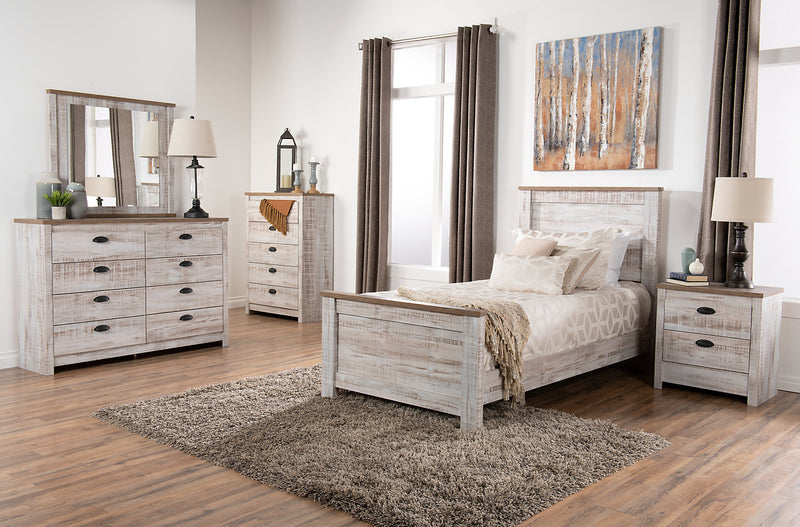 Kaia 5pc Bedroom Set with Panel Bed, Dresser & Mirror for Kids, Whitewash - Twin Size