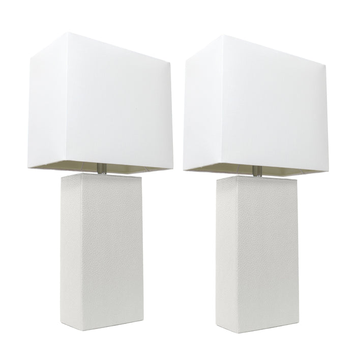 Elegant Designs 2 Pack Modern Leather Table Lamps with White Fabric Shades, White Lamp Set