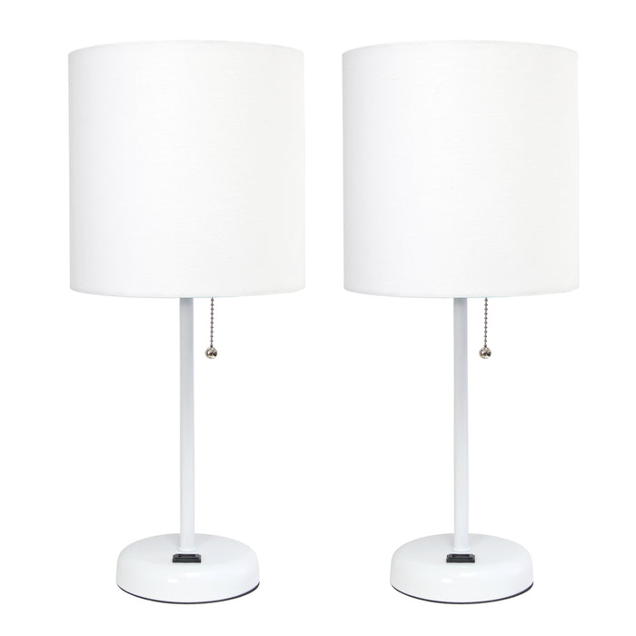 Limelights White Stick Lamp with Charging Outlet And Fabric Shade 2 Pack Set, White Lamp Set