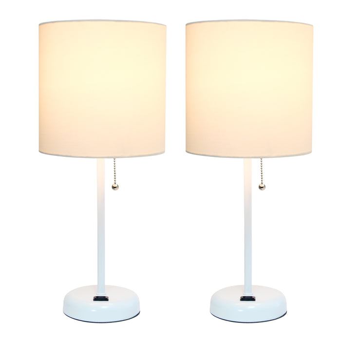 Limelights White Stick Lamp with Charging Outlet And Fabric Shade 2 Pack Set, White Lamp Set