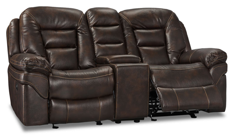 Leo 78\" Leather-Look Fabric Power Reclining Loveseat with Storage Console - Walnut Brown