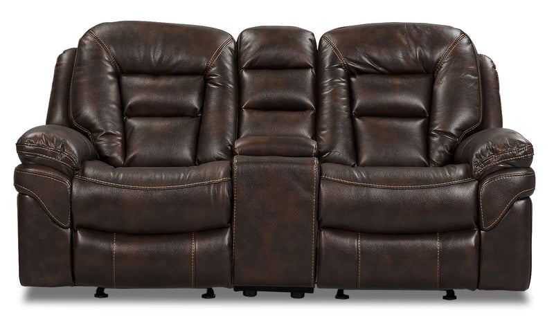 Leo 78\" Leather-Look Fabric Power Reclining Loveseat with Storage Console - Walnut Brown