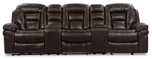 Leo 5-Piece Leather-Look Fabric Home Theatre Power Reclining Sectional with Storage Consoles and Cupholders - Walnut Brown