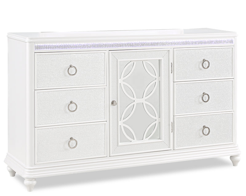 Ava Bedroom 7-Drawer Dresser with LED Light, 67\"W x 39\"H, Glam - White
