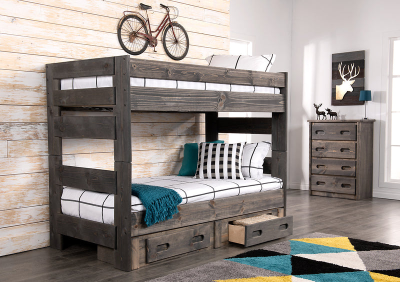 Piper Bunk Bed with Guard Rail for Kids, Solid Pine, Driftwood Grey - Twin/Twin