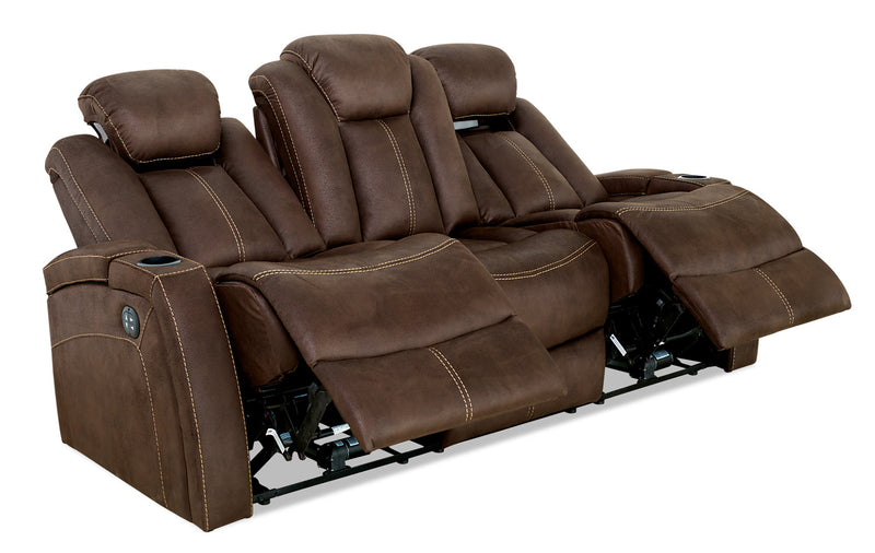 Ross 83\" Faux Suede Fabric Power Reclining Sofa with Power Headrests and Fold-Down Console - Chocolate Brown