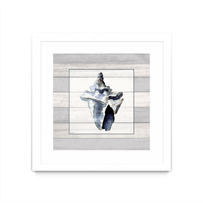 \"Muted Blue Sea Conch On Wood\" Matted and Framed White 30x30 Wall Art